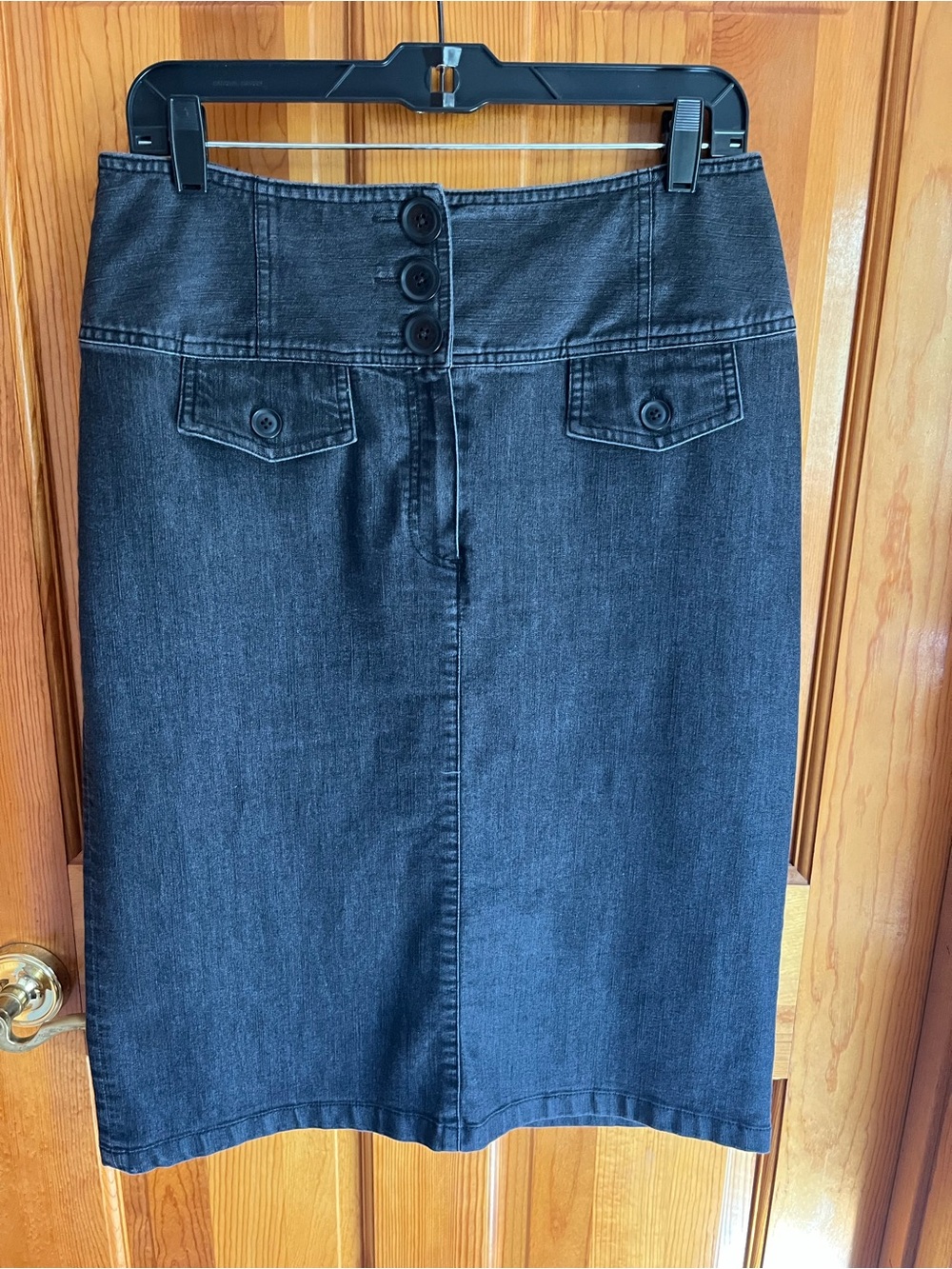 dressbarn Black Denim High-Rise Pencil Skirt with Button Front